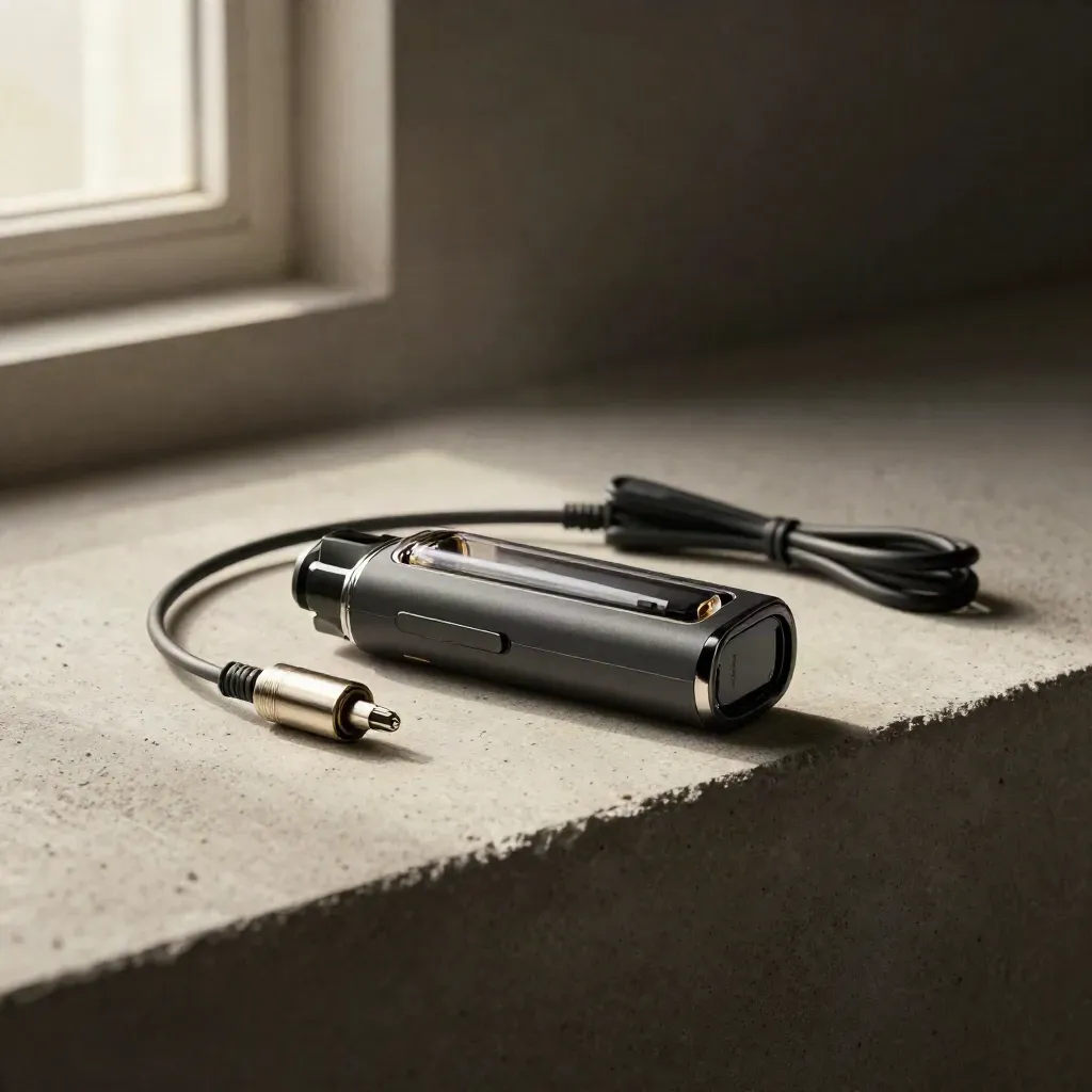 Dark pod kit with detached pod, coil and cable on pale concrete in dramatic studio light.