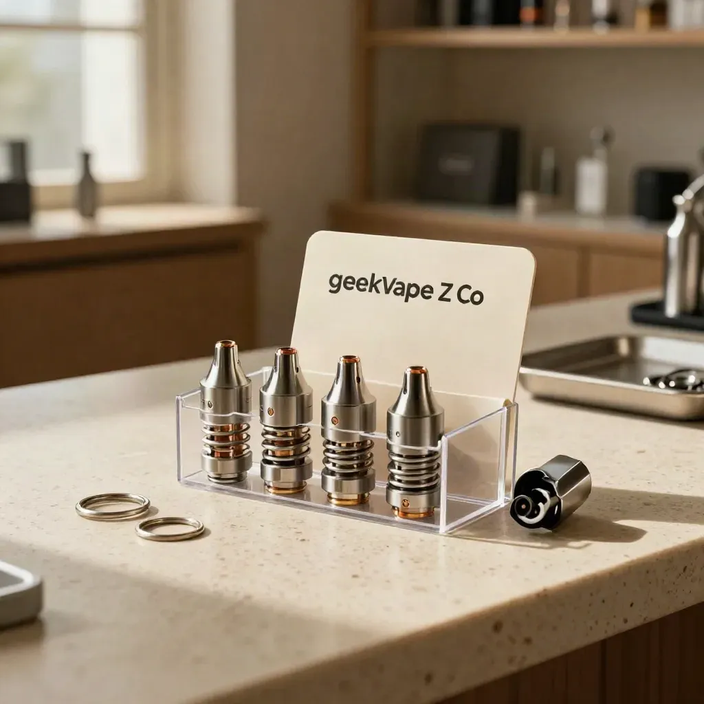 Five unbranded vape coil heads in a clear sleeve on travertine, softly lit on a boutique bench.