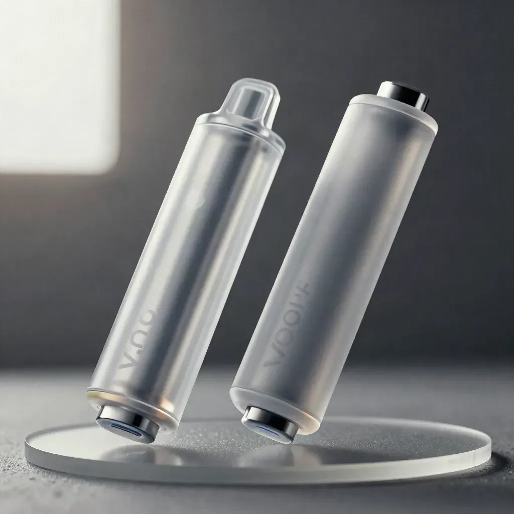 Two translucent vape pods on frosted acrylic, one upright and one angled under cool light.