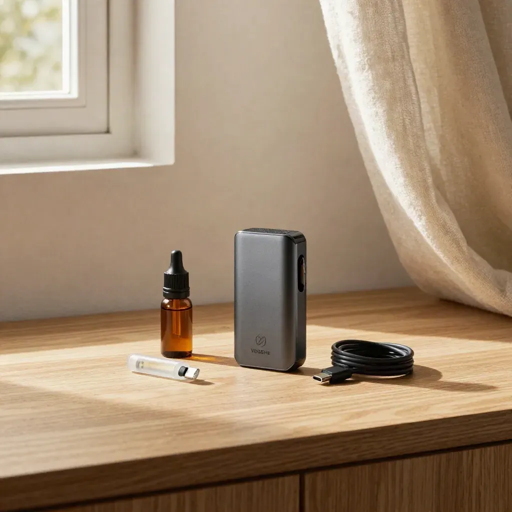 Starter kit vape items on a pale oak counter beside plaster wall and linen curtain in soft morning light.