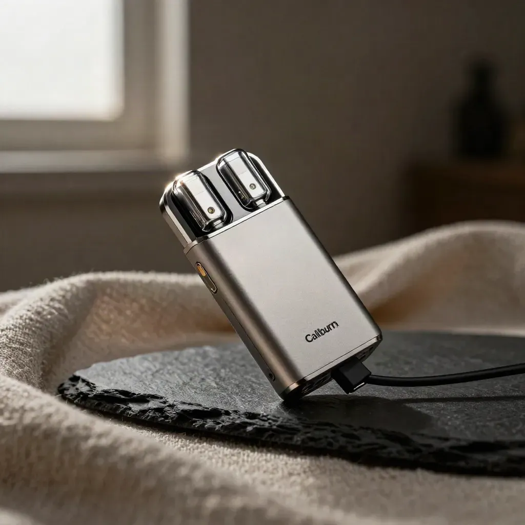 Uwell Caliburn G3 pod kit with pods and USB-C lead on linen over black slate