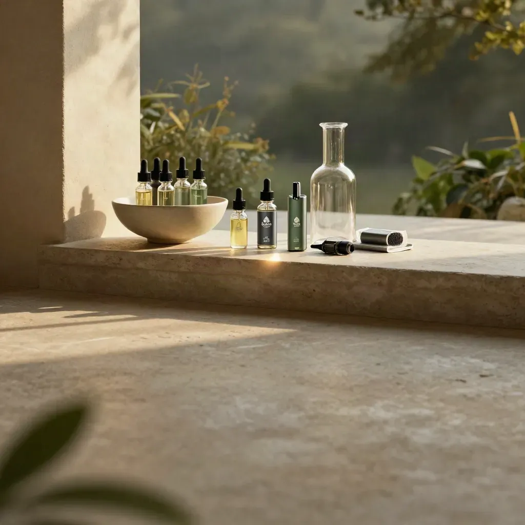 Golden terrace with vape essentials, ceramic bowl, carafe silhouette and open copy space.