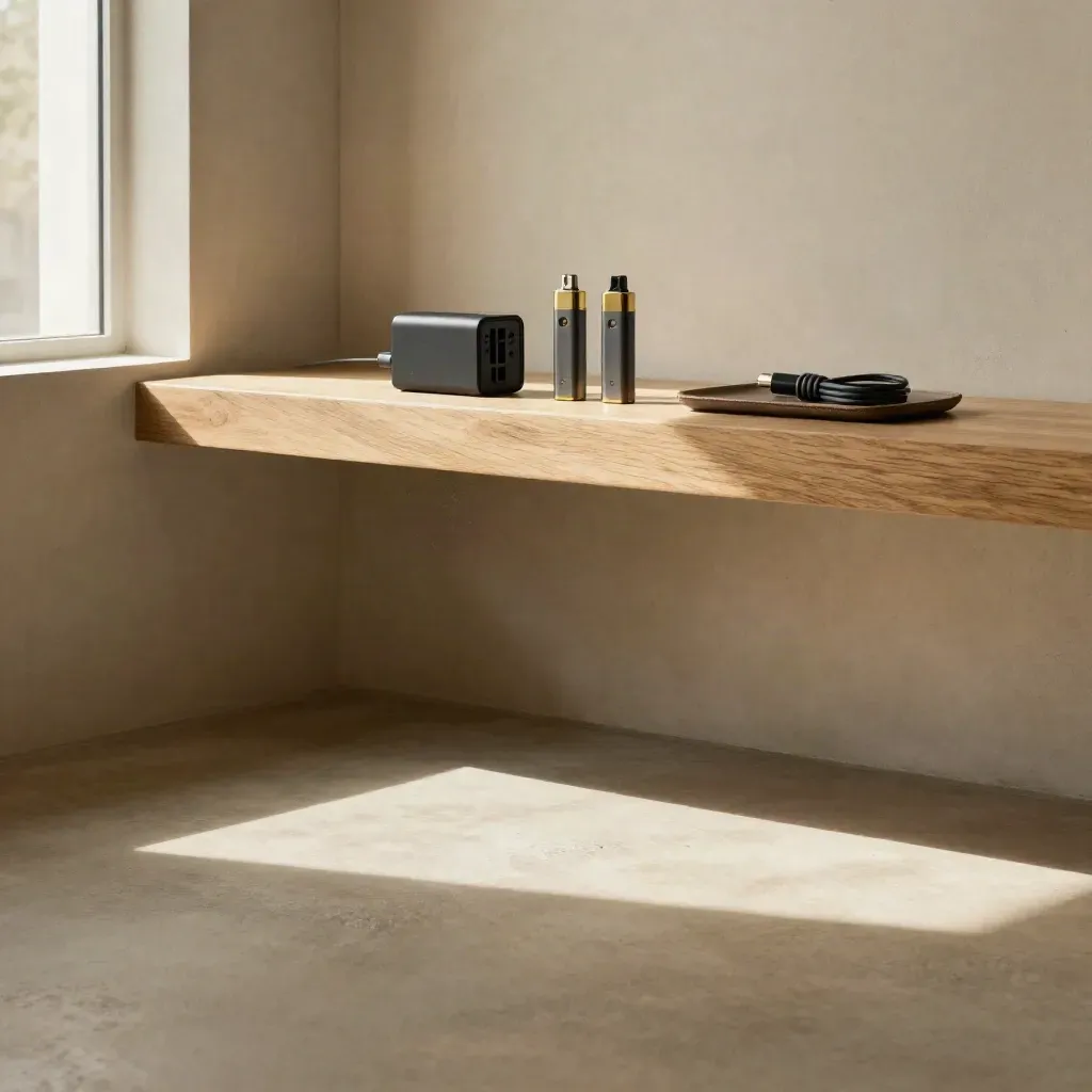 Minimalist sunlit interior with vape batteries and a charger on an oak ledge
