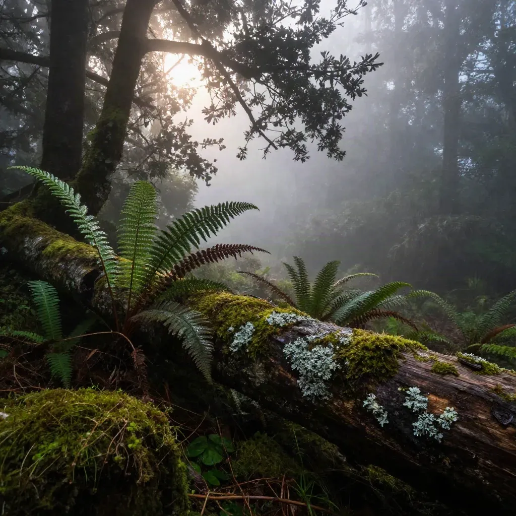 Misty moss clearing with fern fronds and a fallen log under bright canopy light.