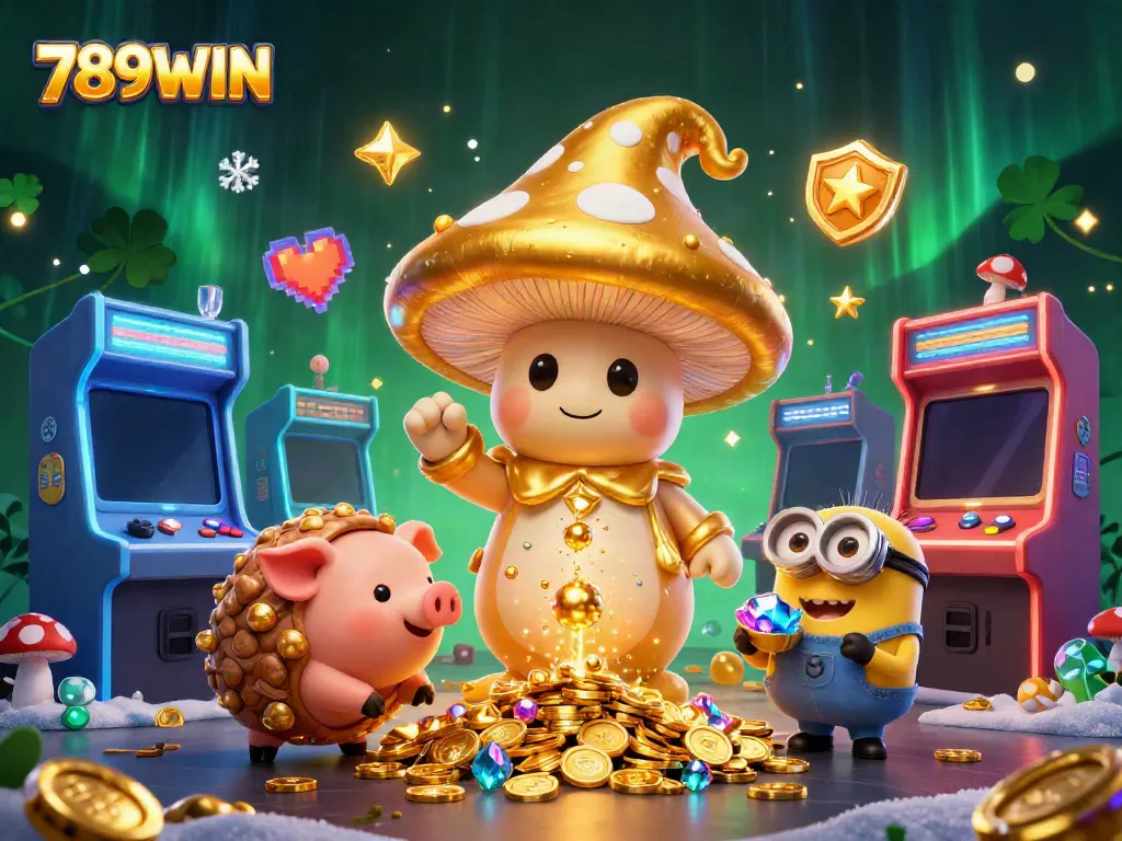 Experience 789WIN's magical wins with a whimsical 3D illustration combining gaming and casino elements.