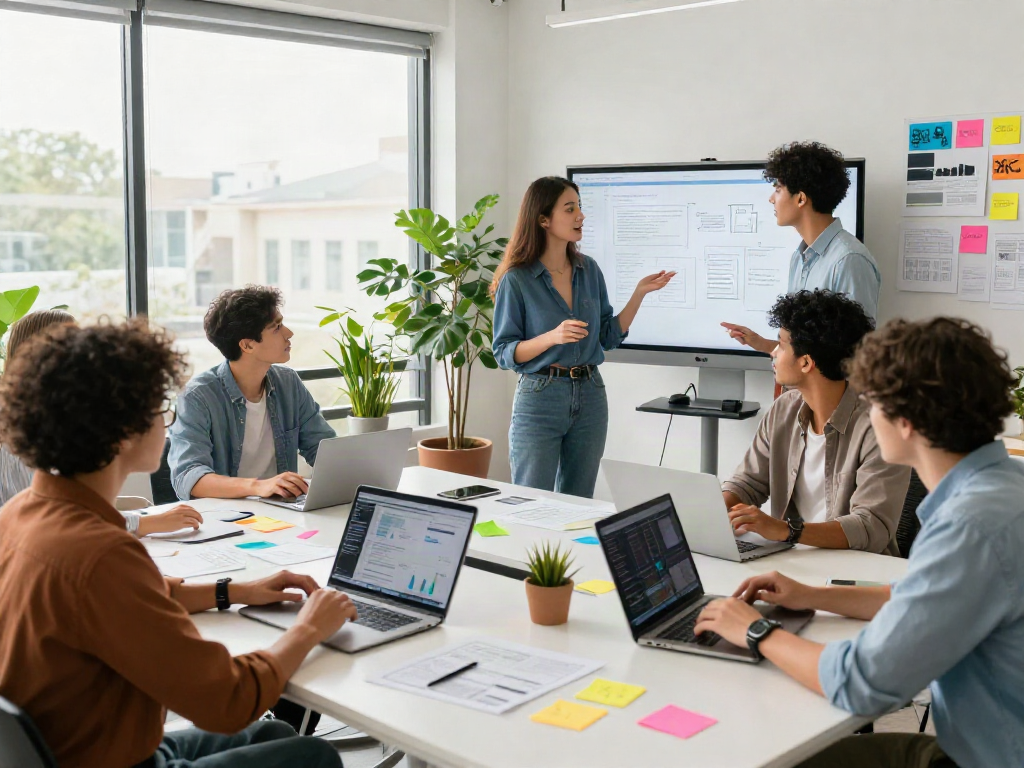 Juicy AI marketing brainstorming session with professionals collaborating on creative strategies in a vibrant office.
