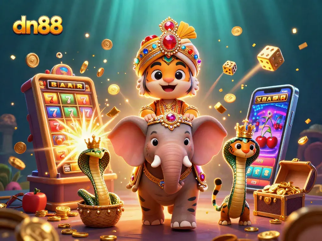 Experience excitement with dn88 as a maharaja tiger rides an elephant among casino wonders.