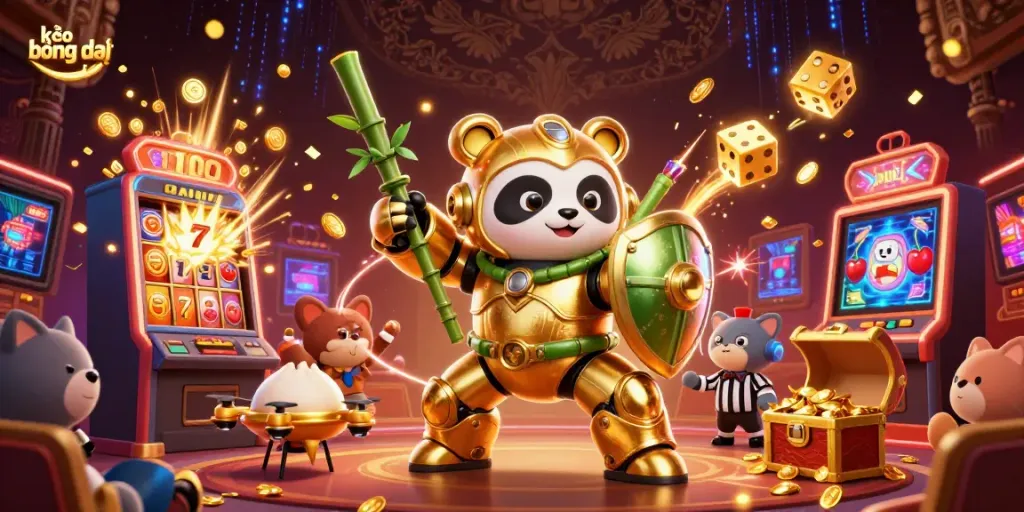 Experience exciting kèo bóng đá action with a detailed illustration of a mech-suit panda in an electrifying casino arena.