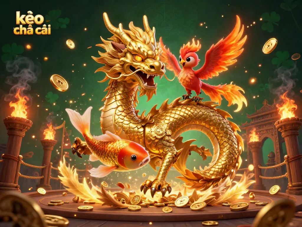 Engage with kèo nhà cái as the golden dragon, phoenix, and koi fish illuminate a dynamic betting scene.