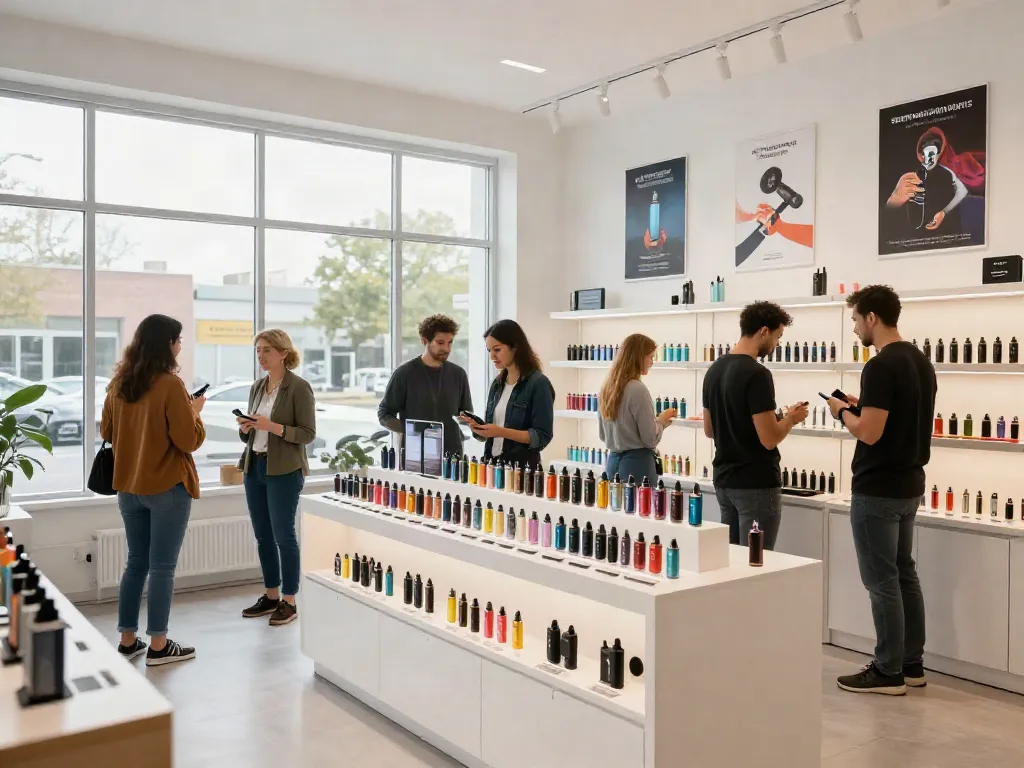 Vape shop interior displays premium vape kits and engaging staff; are vapes banned in the uk?