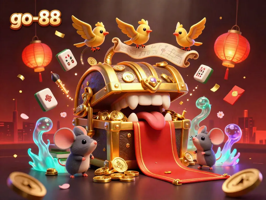 Experience the excitement of go-88 with adventurer mice attracted to a treasure chest amidst colorful casino elements.