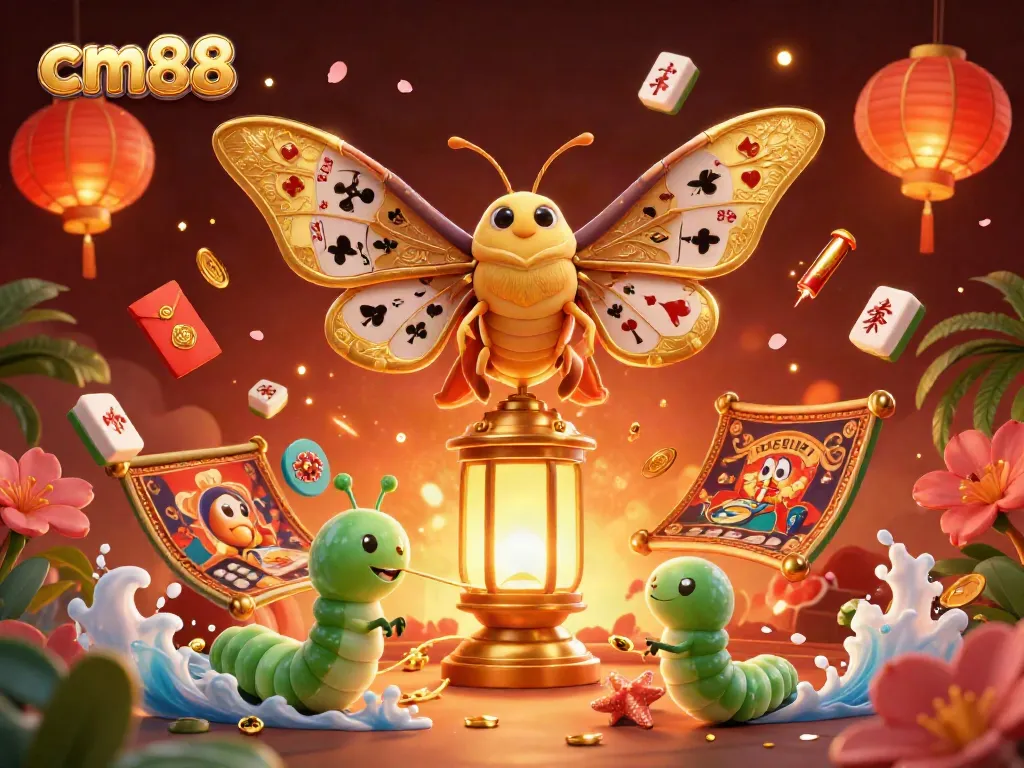 Experience the excitement of cm88's casino world with a colorful 3D illustration of a moth and gold elements.
