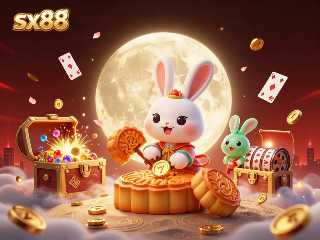 SX88 promotional illustration featuring a moon rabbit and jade rabbit with poker chips and slot reels