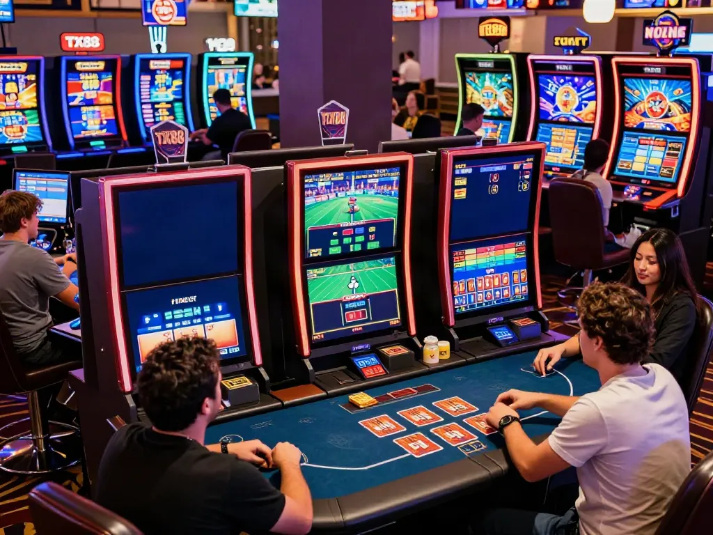 Engaging casino experience at http://tx88-onl.net/ with diverse players actively participating in sports betting and card games.