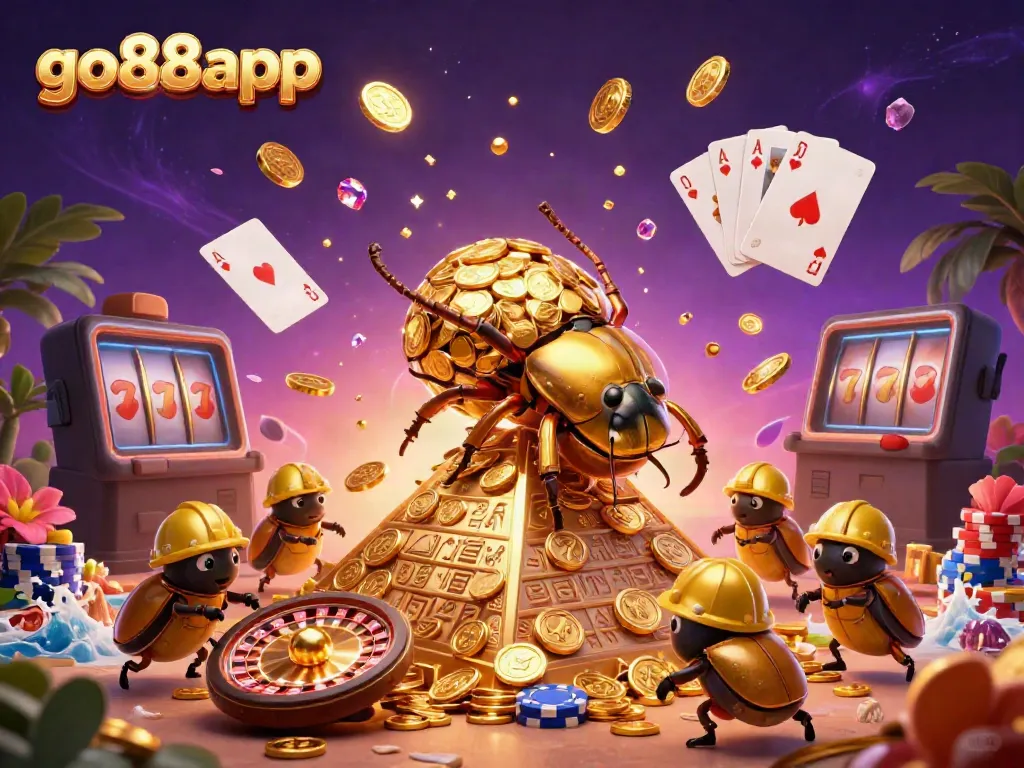 Experience the excitement of go88app with a dynamic 3D casino scene featuring golden treasures.