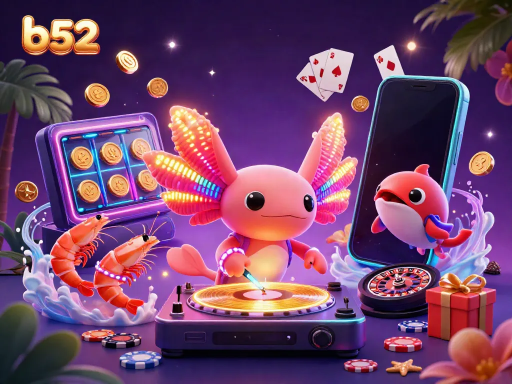 Experience the fun of b52 with a vibrant DJ axolotl and energetic sea creatures in a thrilling online casino scene.