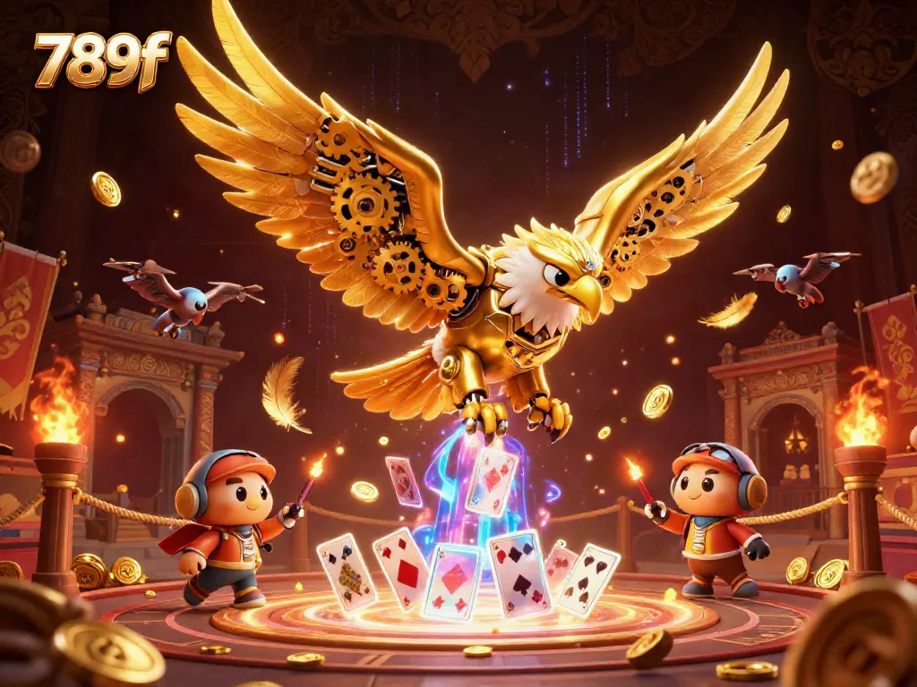 Immerse yourself in 789f's thrilling world of interactive gaming as a cybernetic eagle soars through a cascade of holographic cards.