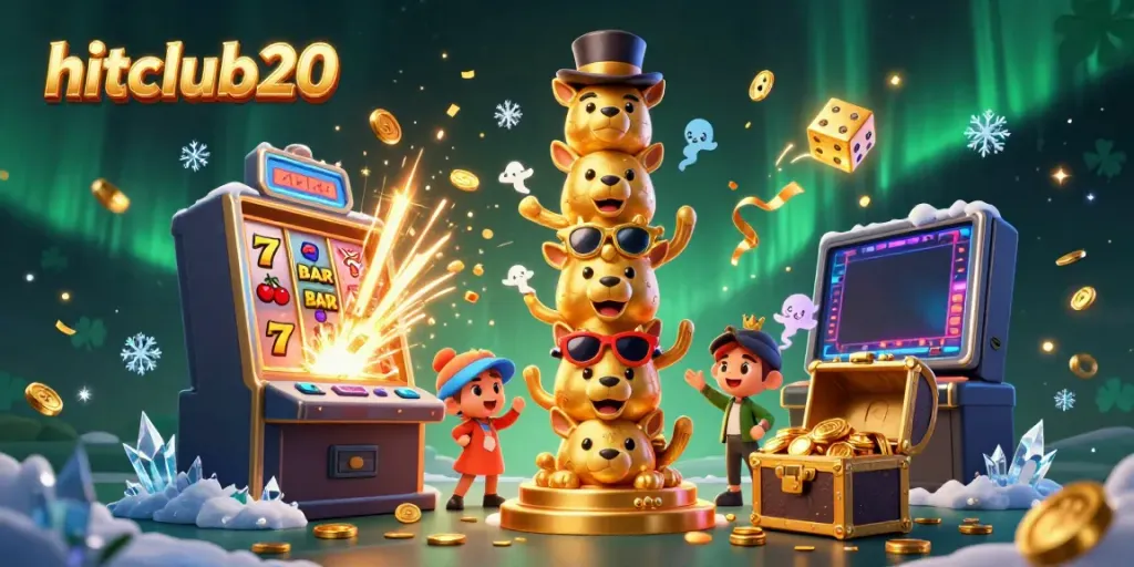 Engage with hitclub20's thrilling casino experience featuring a vibrant totem pole and slot machine jackpot explosion.