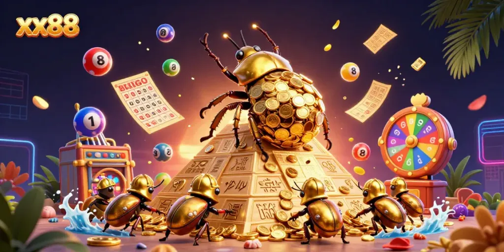 Engage with an energetic casino scene featuring xx88 with golden beetles, coins, and lottery elements.