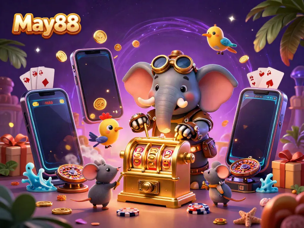 Experience the vibrant world of May88 as a steampunk elephant engineer operates a golden slot machine amidst a whirlwind of casino elements.