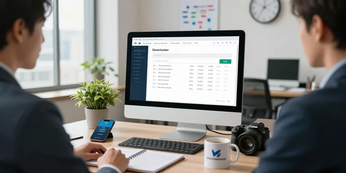 Engaging office scene highlighting a phone number lookup process with software interface and related tools for effective searching.