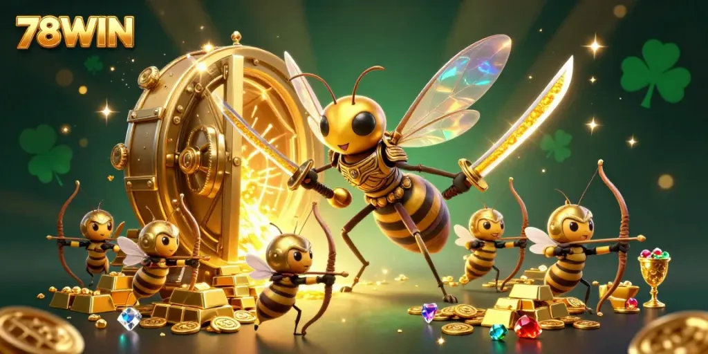 Experience the thrill of 78WIN gaming with a vibrant scene of a golden hornet warrior and treasure in a casino setting.