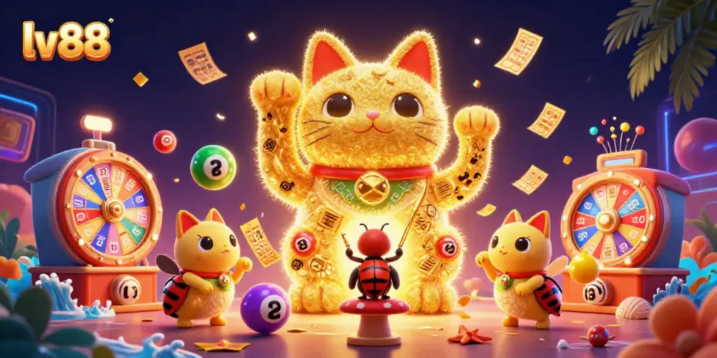 Experience vibrant gaming action with the lucky cat formed by fireflies at lv88, surrounded by colorful casino elements.
