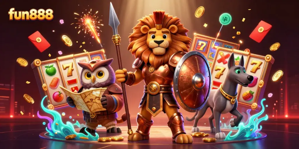 Play thrilling slots with fun888 in this vibrant 3D casino illustration, showcasing epic gaming elements.