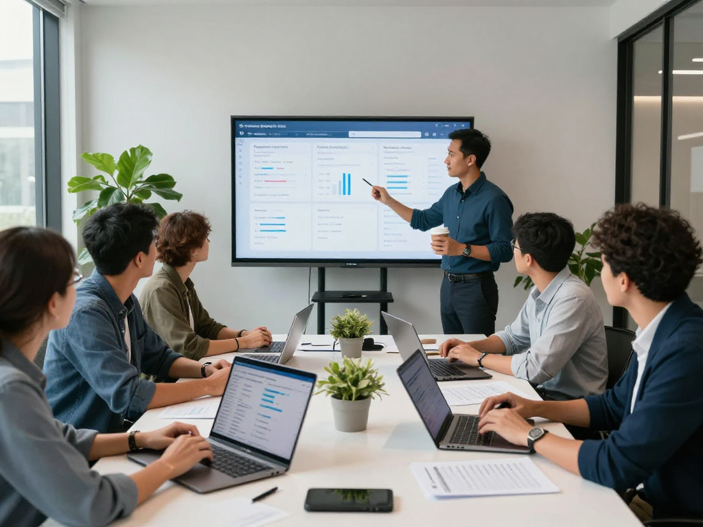 Best Airbnb managers in Melbourne collaborate in a vibrant office, showcasing strategies and data.