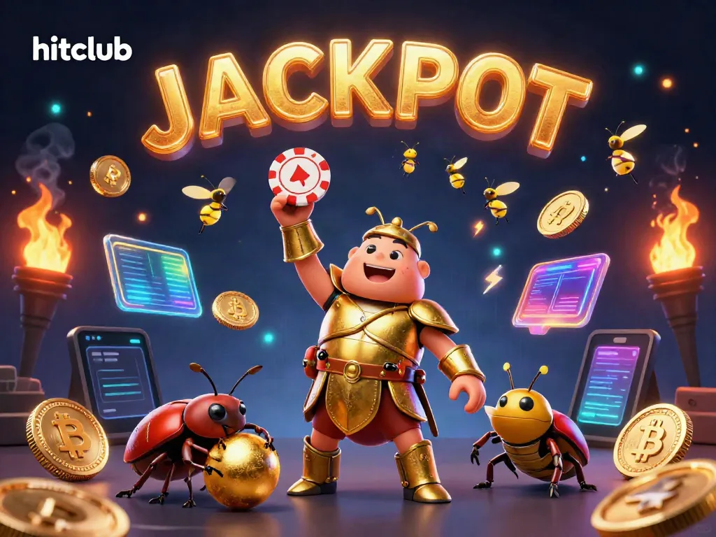 hitclub brings excitement as a hercules beetle celebrates a casino victory with winning poker chips and glowing crypto coins.