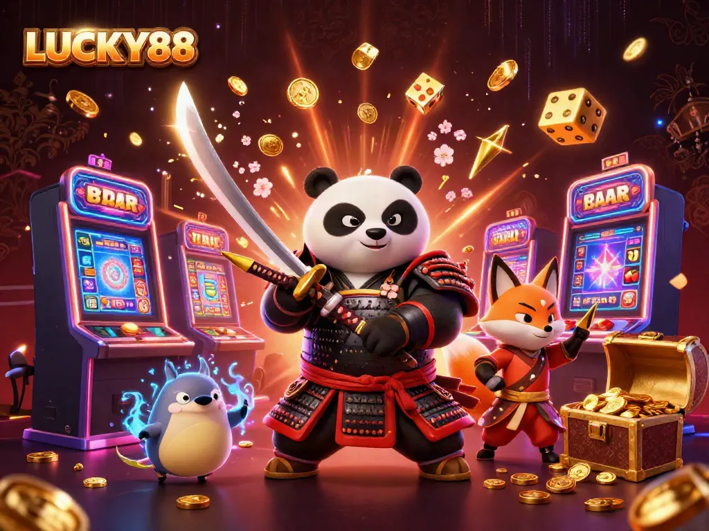Experience the excitement of LUCKY88 with a dynamic scene featuring samurai panda and ninja fox amidst a jackpot explosion.