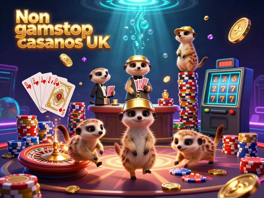 Engaging scene of meerkats operating in a casino, featuring Non gamstop casinos UK with dynamic gaming elements.
