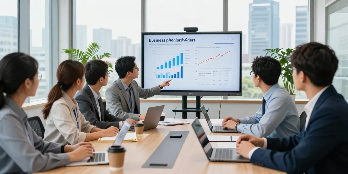 Team discussing business phone providers in a modern office with large screens.