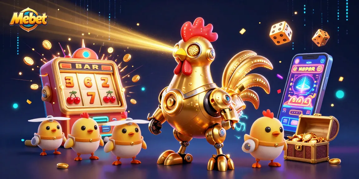Mebet's vibrant 3D casino illustration showcases a golden rooster robot amidst exciting slot symbols.