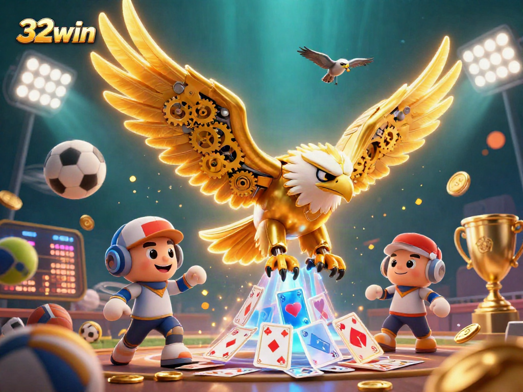 Experience the thrill of 32win with a cybernetic golden eagle amidst sports betting excitement.