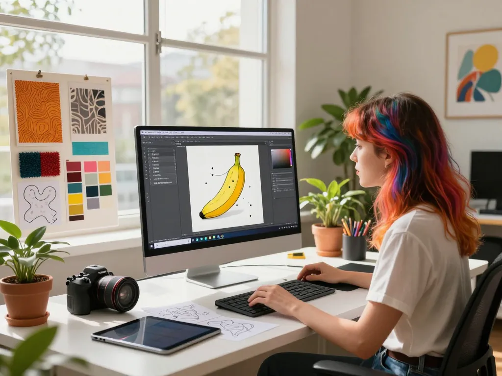 Designer using nano banana ai for digital image creation in a vibrant workspace.