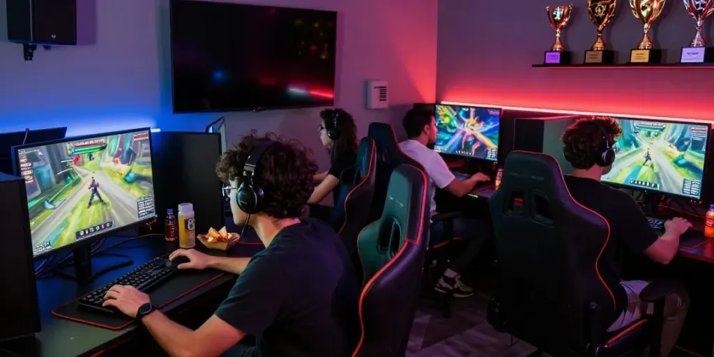 Friends enjoying a competitive gaming session in a colorful lounge featuring GO88.