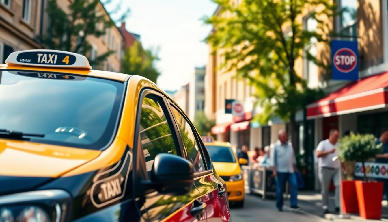 Woking taxi navigating through a vibrant street filled with shops and greenery.