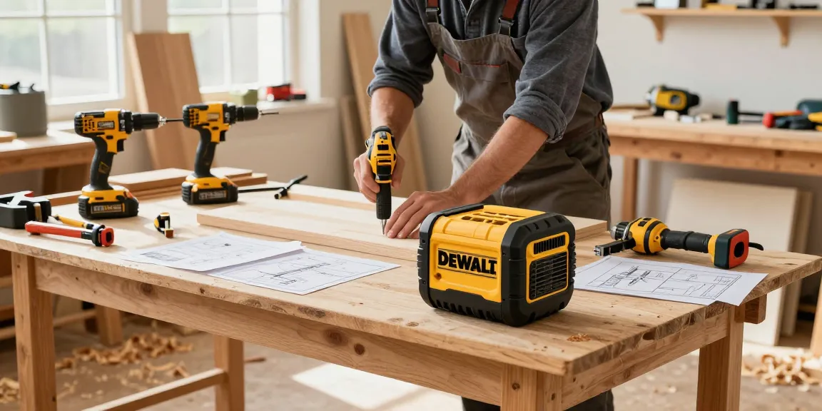 Dewalt fast charger on a workbench in an active woodworking workshop, emphasizing efficiency and craftsmanship.