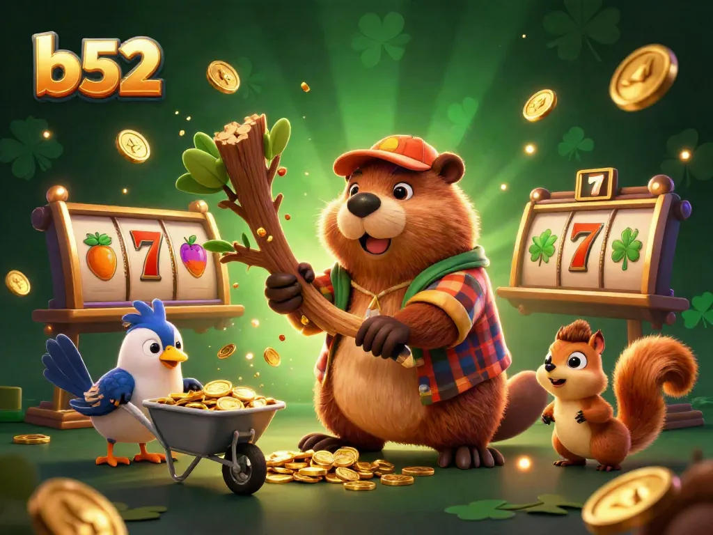 Experience the exciting b52 casino world with characters collecting golden coin rewards in a vibrant setting.