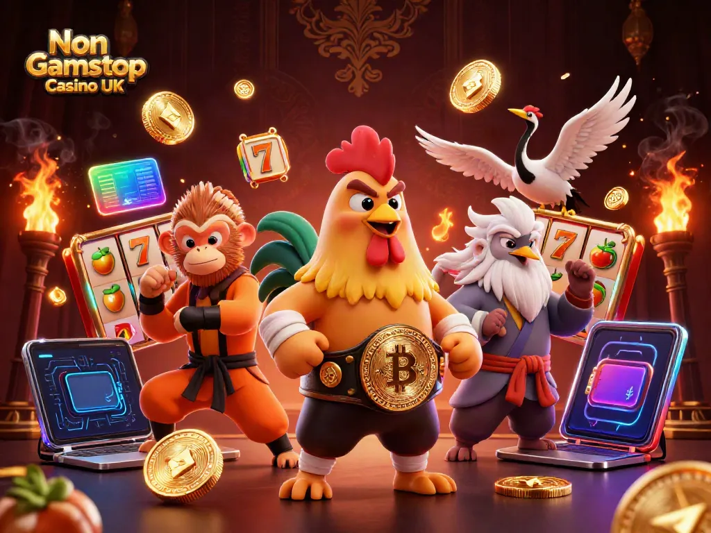 Experience excitement at Non Gamstop Casino UK with dynamic characters and vibrant casino elements.