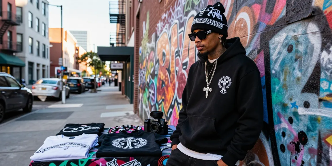 Fashionable individual showcasing Chrome Hearts hoodie and sunglasses against urban backdrop.