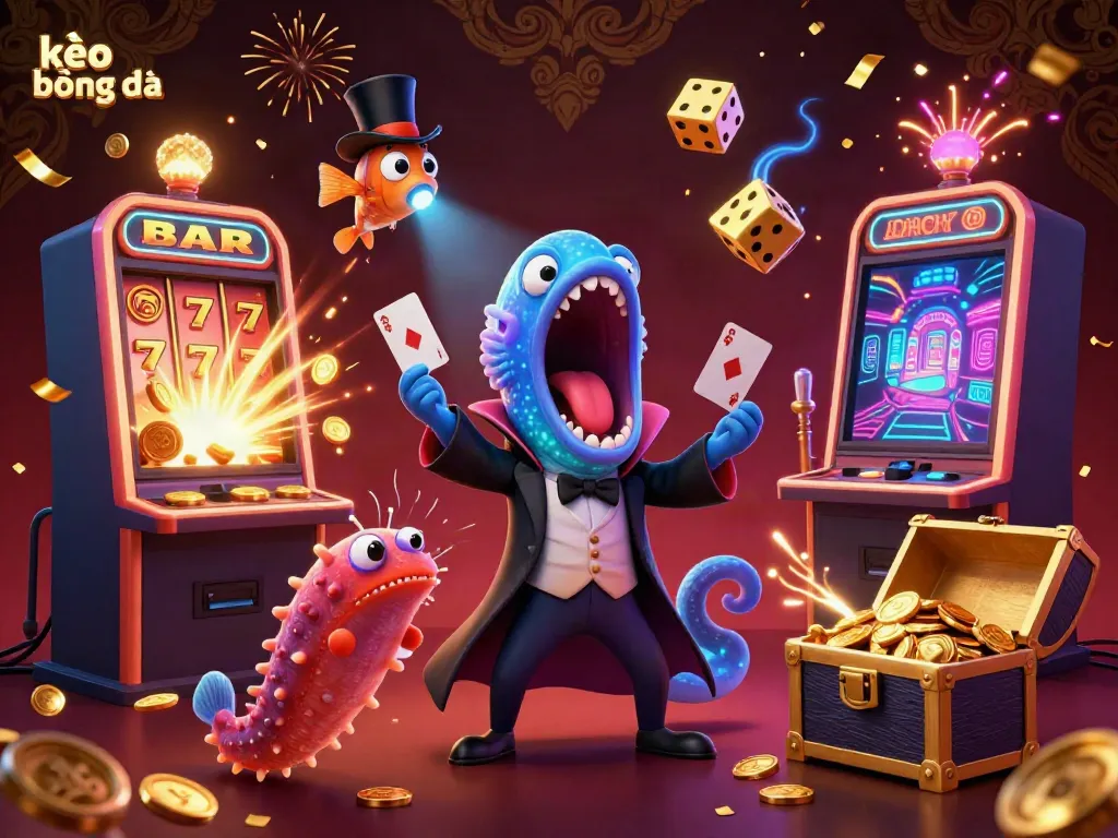Experience the thrill of kèo bóng đá with a vibrant 3D illustration showcasing a deep-sea magician and slot machines bursting with excitement.