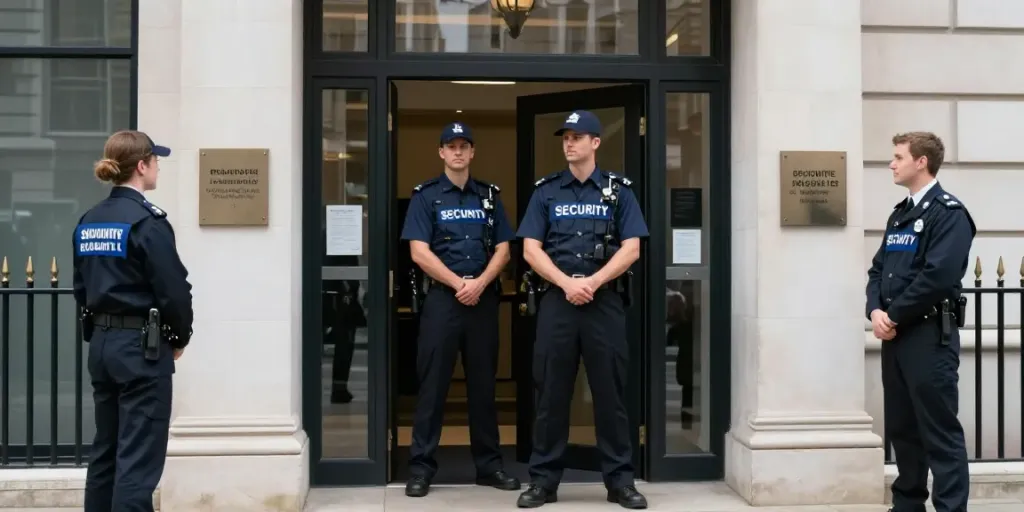 "Security guard providing reliable service at a corporate building in London"