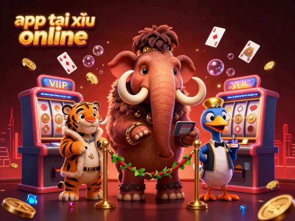 Engage with the app tài xỉu online in a vibrant casino scene featuring a woolly mammoth bouncer and vivid game elements.