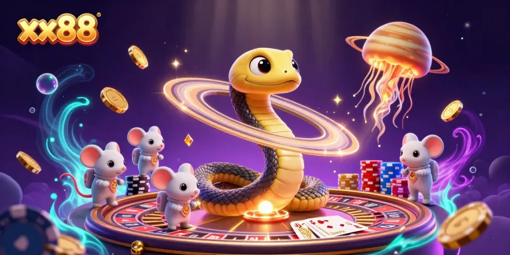 Experience xx88's thrilling atmosphere with cartoon space elements and colorful casino details in 3D.