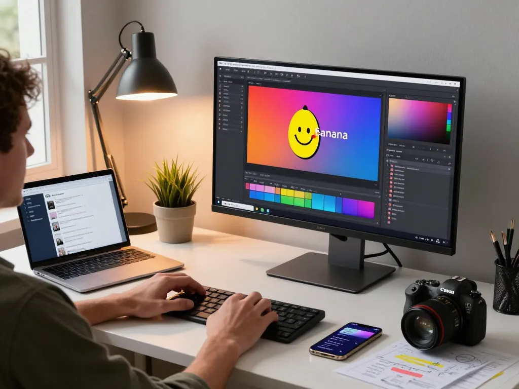 Designer using Nano Banana Flash for image editing in a creative workspace.