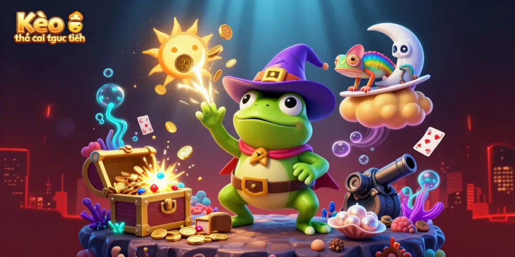 Engage with Kèo nhà cái trực tuyến as a wizard frog conjures gold coins in an electrifying scene full of dynamic gambling elements.