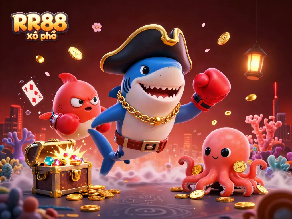Engage with RR88 xổ số as the pirate shark and companions celebrate big wins in a vibrant gaming scene.