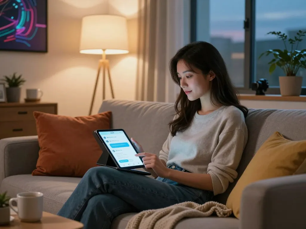 Engaging with an AI girlfriend chatbot in a cozy living room setting, surrounded by warm decor.